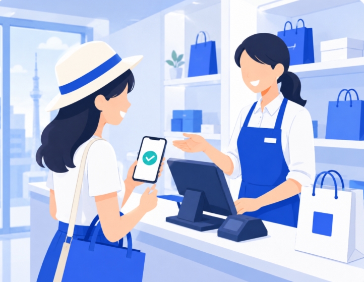 旅行者がスマートフォンでTax Refundを確認する様子